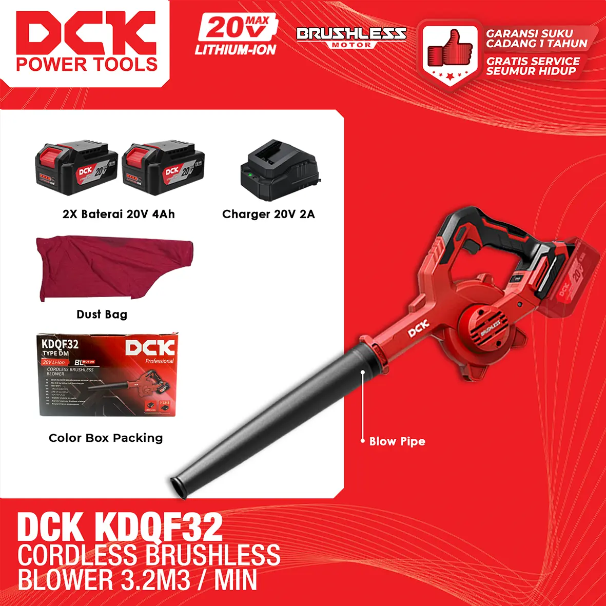 DCK Cordless Brushless Blower 3.2m3/min / Mesin Blower Baterai / Peniup Baterai 20V KDQF32