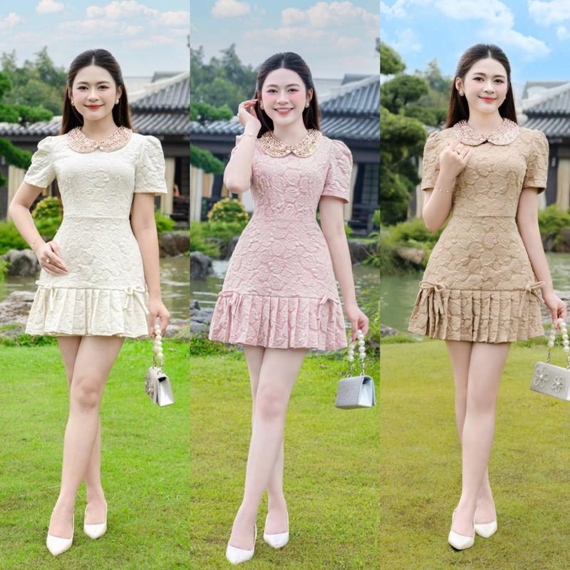 MIỄN SHIP BST MDU5055 Váy Gấm Xốp Hoa Nổi Cao Cấp – Cổ Đính Đá Và Nơ Duyên Dáng Dành Cho Nữ