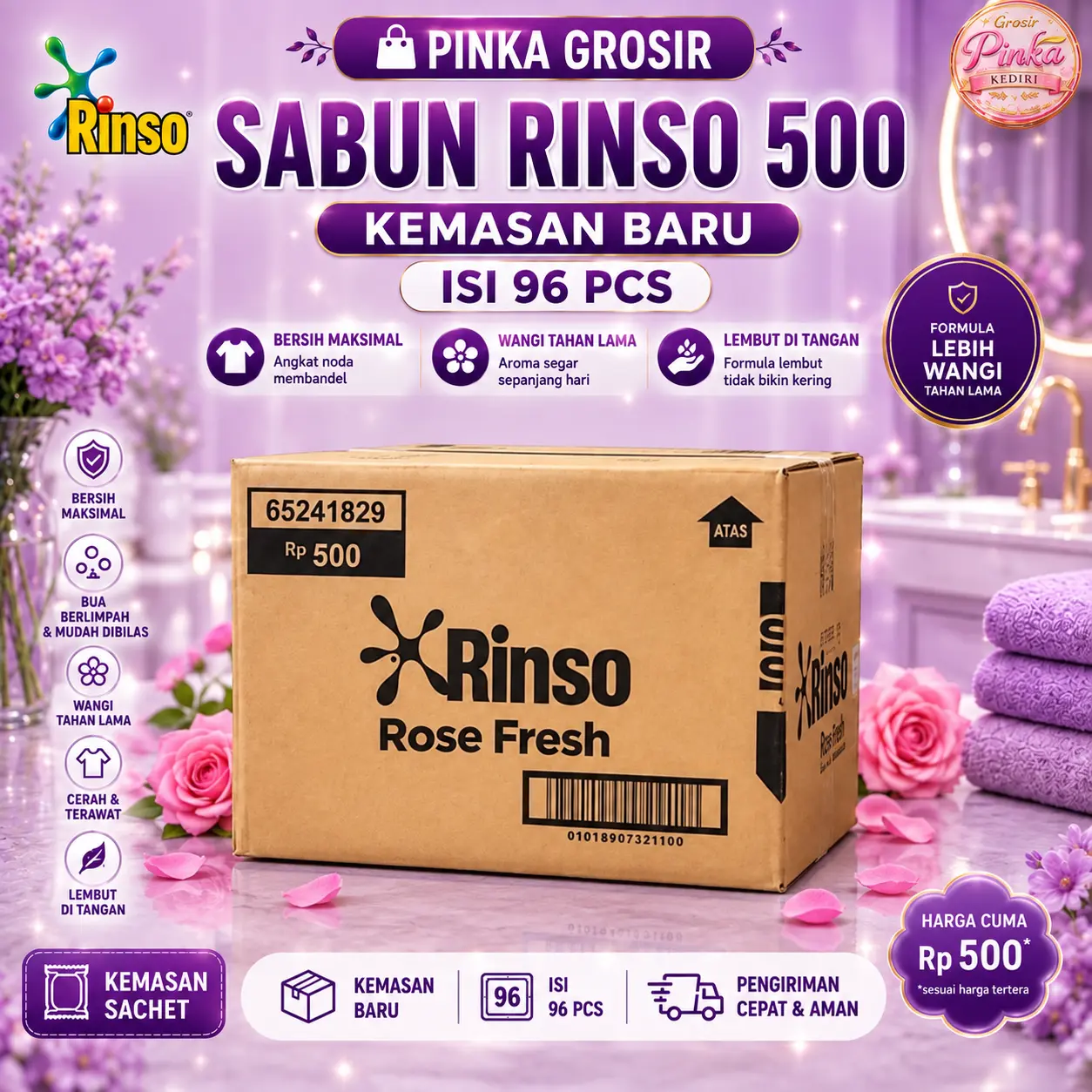 1 KARTON ISI 96 PCS RINSO CAIR KEMASAN 500AN 20G HEMAT MURAH