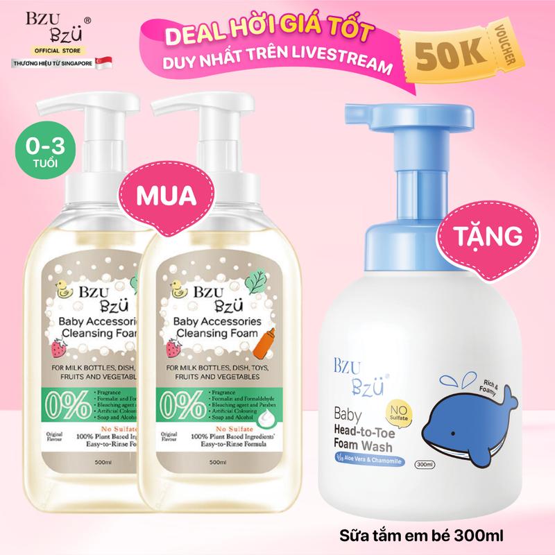Combo 2 Chai Nước Rửa Bình Sữa Và Dụng Cụ Em Bé BZU BZU Tạo Bọt Hương Chanh 4 Công Dụng 500ml Cho Bé cọ  rửa