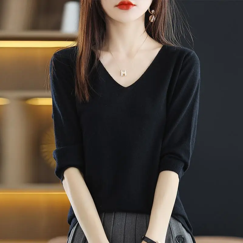 Áo Chui Đầu Cổ Chữ V, Tay Lửng, Mùa Xuân Và Mùa Hè Mới, Áo Sơ Mi Nữ, Phong Cách Hàn Quốc, Dáng Rộng Vừa Vặn, Áo Thun Len Dệt Kim Phong Cách Phương Tây, Áo Sơ Mi Nữ, Mỏng, Quần Áo Nữ Women Top 4