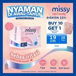 Pembalut MISSY SKIN FRIENDLY MINI Iritation Free for Sensitive Skin Pembalut dan Pantyliner Wanita Non Wings 190mm 16 pads Perawatan Miss V Menstrual Tampon Menstruasi Anti Jamur Virus Anti Bocor Kering Bebas Iritasi Ruam Kulit Sensitif Gatal Keputihan