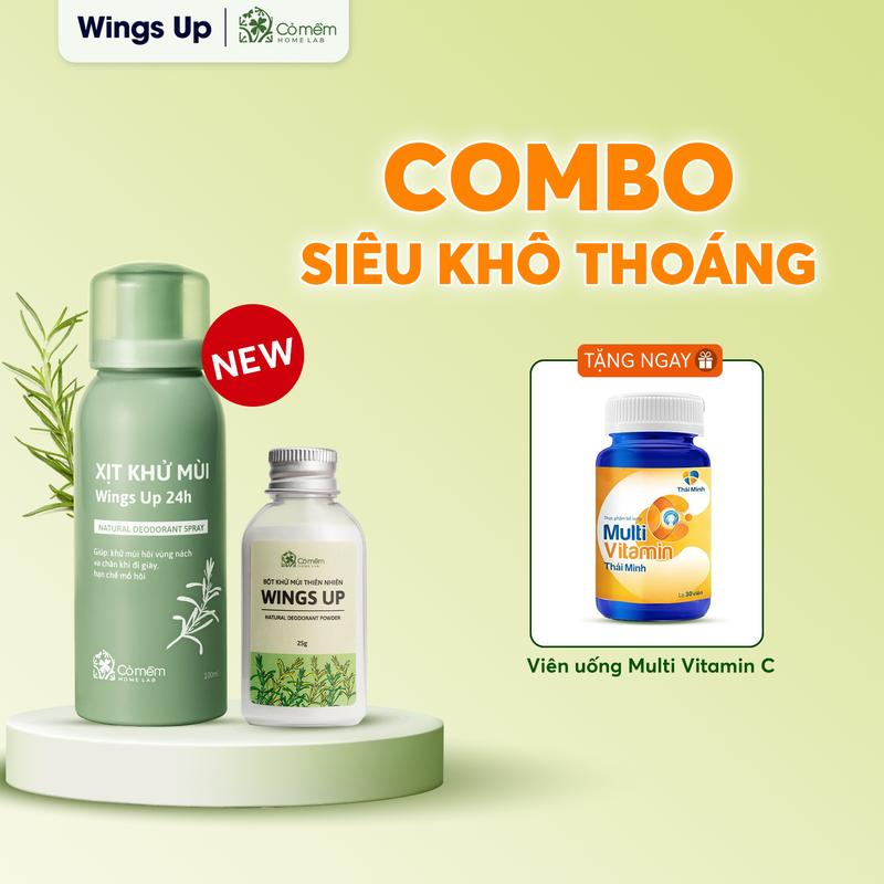 Combo Siêu Khô Thoáng, Xịt Wings Up 24h 100ml & Bột Khử Mùi Wings Up 25gr, Khử Mùi Hôi Nách Hôi Chân Mùi Cơ Thể, Giảm Tiết Mồ Hôi Cỏ Mềm