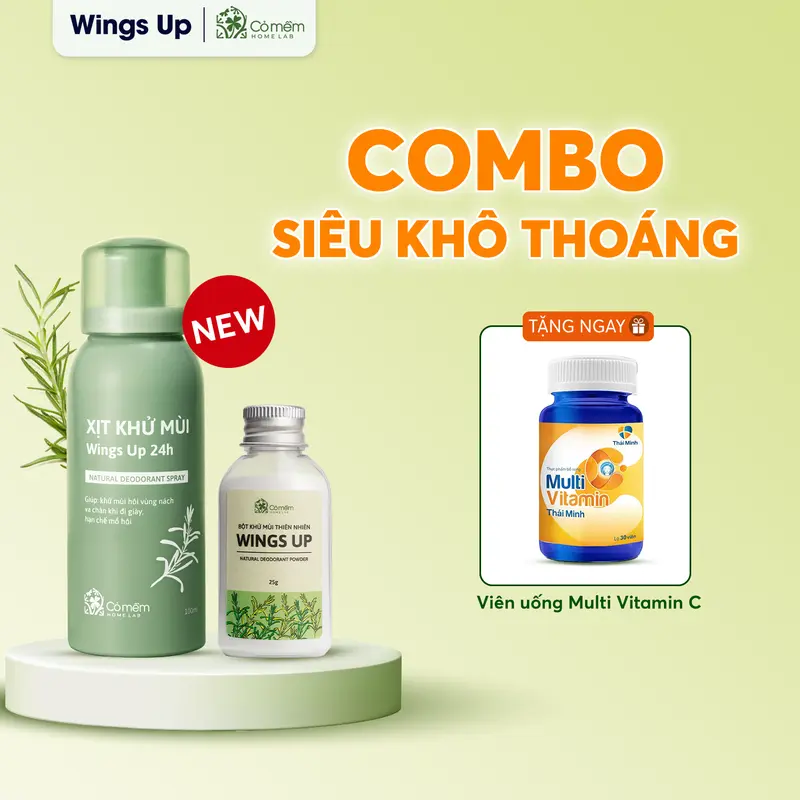 Combo Siêu Khô Thoáng - Xịt Wingsup 100ml & Bột Khử Mùi Wings Up 25gr - Khử Mùi Hôi Nách Hôi Chân Mùi Cơ Thể - Giảm Tiết Mồ Hôi Cỏ Mềm 0