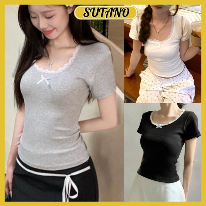áo thun baby tee nữ form fit cố tròn basic phối viền ren nơ nữ tính chất thun tăm co giãn A308 SUTANO