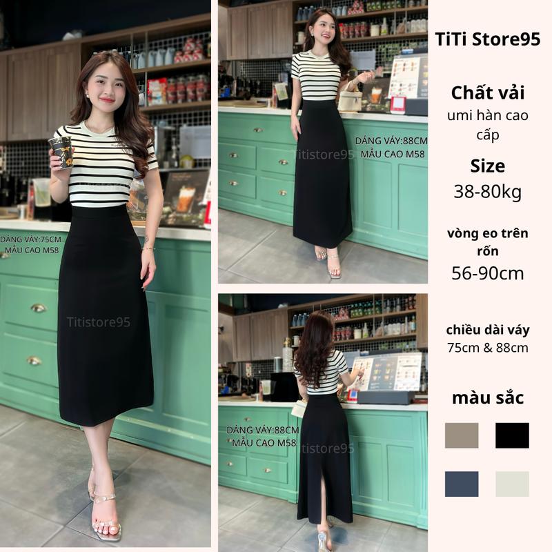 TiTi Store95 Chân Váy Dài 88cm hoặc Ngắn 75cm Chữ A Chất Umi Hàn Cao Cấp Size XS-4XL Màu Đen Vải Mềm Co Giãn 4 Chiều Không Phai Màu
