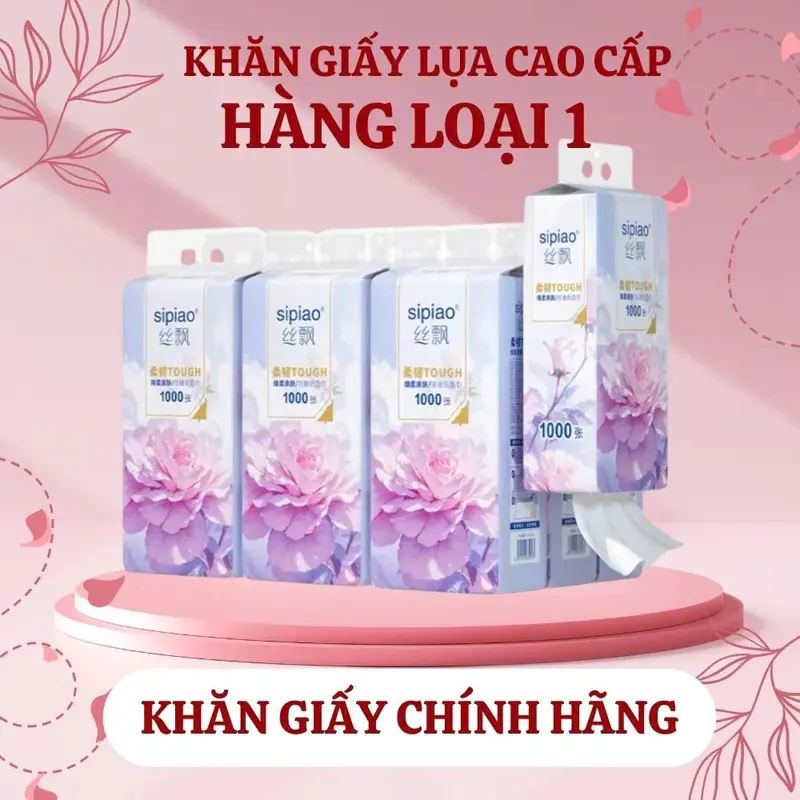 Thùng 10 Bịch Giấy Treo Đa Năng SIPIAO Hoa Mẫu Đơn, Khăn Rút Treo Trường 4 Lớp mỗi bịch 1000 Tờ 100% Bột Gỗ Nguyên Sinh