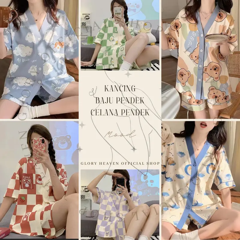 Glory JUMBO Baju Tidur Wanita Lengan Pendek Celana Pendek Panjang | Piyama Pajama Import | Piyama Wanita Set | Piyama Full Kancing Lembut | Piyama Korea | Piyama Dewasa | Piyama Busui 0