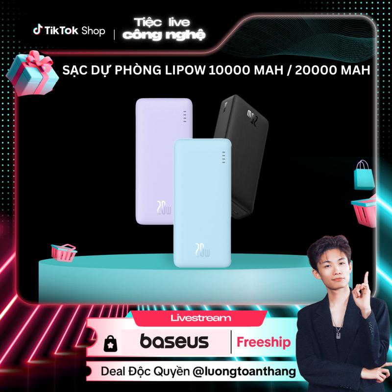 [Baseus x Luongtoanthang] Baseus Cục Sạc Nhanh 20w 10000 mah/ 20000mah Cho iphone 15 / 14 / 13 / 12 Android