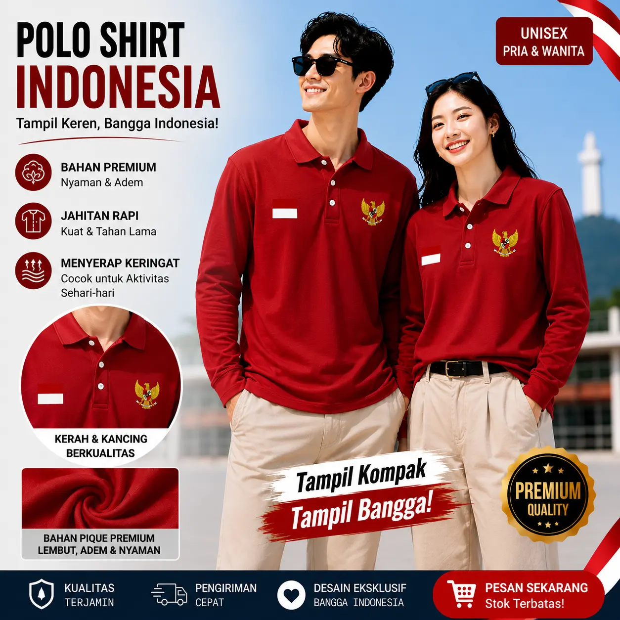 Baju Polo Tshirt Lengan Panjang Edisi Kemerdekaan 81th Polo Kerah Pria Wanita Kerah 17 Agustus 2026 Polo Wangki Kaos Lengan Panjang Dewasa Wanita & Pria Baju Agustusan Kerah Premium Panjang