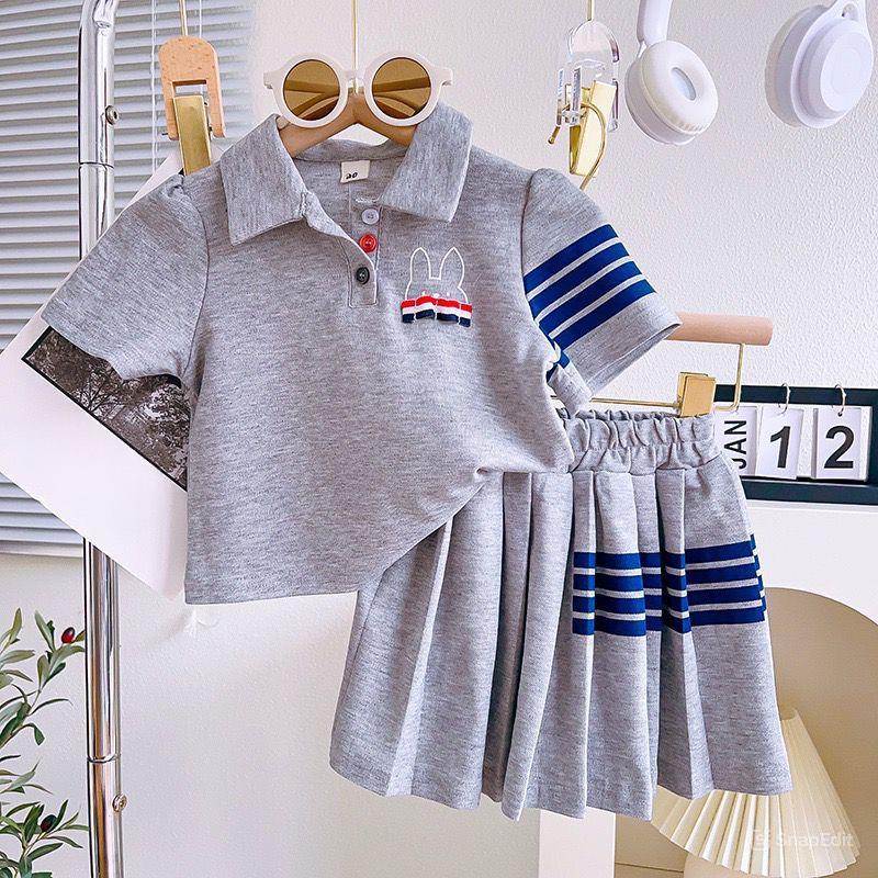 [KIDSFASHIONKOLEKSI] Setelan Polo Rok Abu Motif Rabbit Stripe Anak Perempuan Simple 1