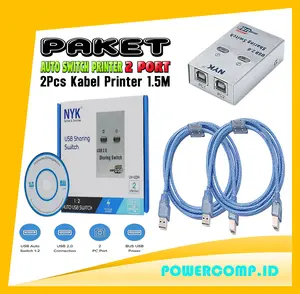 Auto USB Sharing Switch NYK 2 Port + 2 Kabel USB 1.5M | 1 Printer Bisa Dipakai 2 Komputer Sekaligus | Support Windows, Mac & Linux | Instalasi Mudah | Hemat Tempat, Praktis Digunakan di Kantor