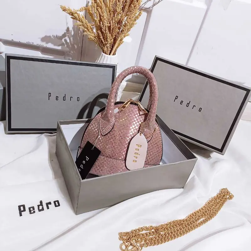 TAS SELEMPANG P*DRO ALMA MINI GLITER KODE SP029 IMPORT + SET BOX ( ADA TALI PANJANG  DALAMAN SUEDE BARCODE NO SERI) 4