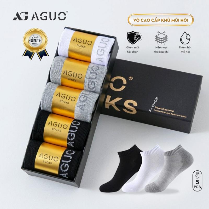 Tất vớ cổ ngắn nam nữ cao cấp AGUO giảm hôi chân, set 5 đôi vớ cổ ngắn chất cotton mềm mịn thoáng khí