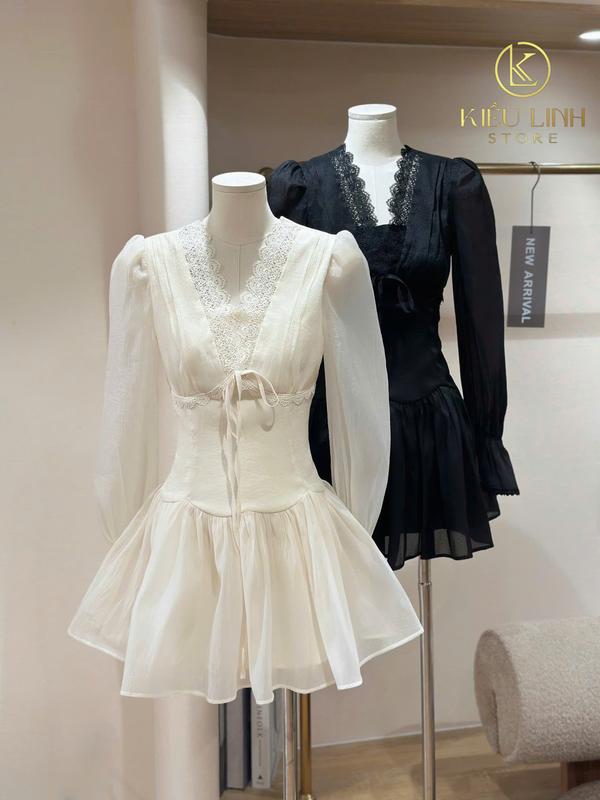 [Kiều Linh]-Váy Dự Tiệc Thiết Kế Dài Tay KL587 chất liệu Tơ Óng Vân phối Viền Ren Cổ, chân váy Xòe, 2 Lớp Lót, Giấu Đường May Kĩ