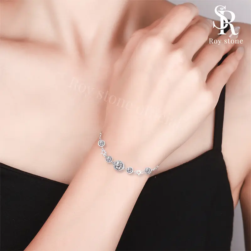 RoyStone - Gelang Luxury Round Bracelet Wanita Perhiasan Moissanite Sertifikat GRA Original Lapis Emas 18K 2