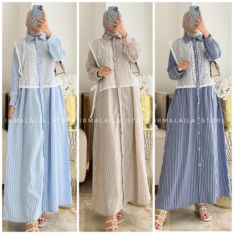 Irmalaila - Midi Costle Cotton Salur Stripw Mix Lace Dress Muslim Gamis Wanita Lembut Nyaman Panjang 0