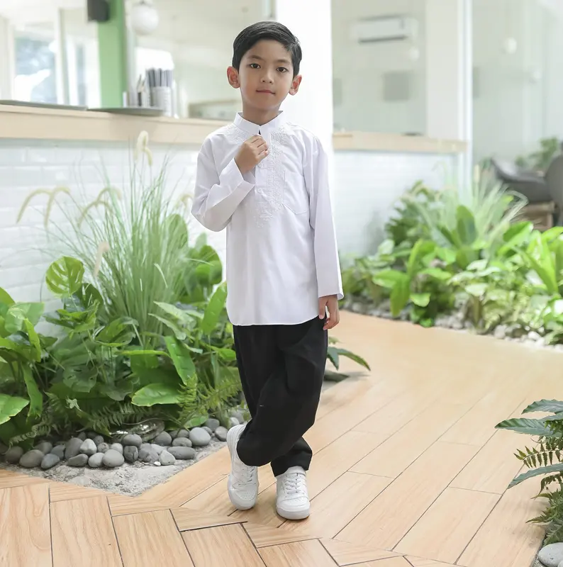 Setelan Koko Baju Putih Celana hitam Lengan Panjang Anak Laki-Laki Katun Micro  Turki Muslim 3