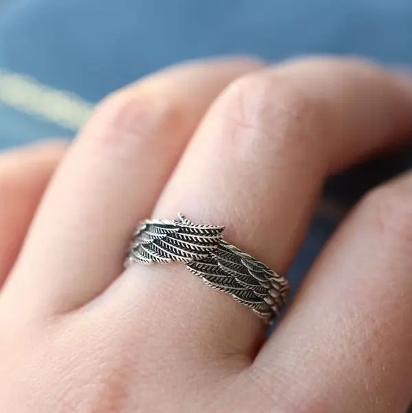Cincin Sayap Bidadari S925 - Sterling Silver Wings Adjustable Ring 925 Guardian Angel Wing Open Rings - Motif Bulu Vintage Simple Antik Unik Unisex