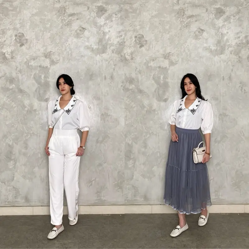Hikari Top (Best Selling Top DearSista) Atasan Wanita Korean Style Hitam Stylish Kekinian Imut Lengan Pendek Baju Bordir Casual Kancing Street Style White Katun Kerah Nyaman Panjang Polyester Putih High Simple Cantik Tangan 1