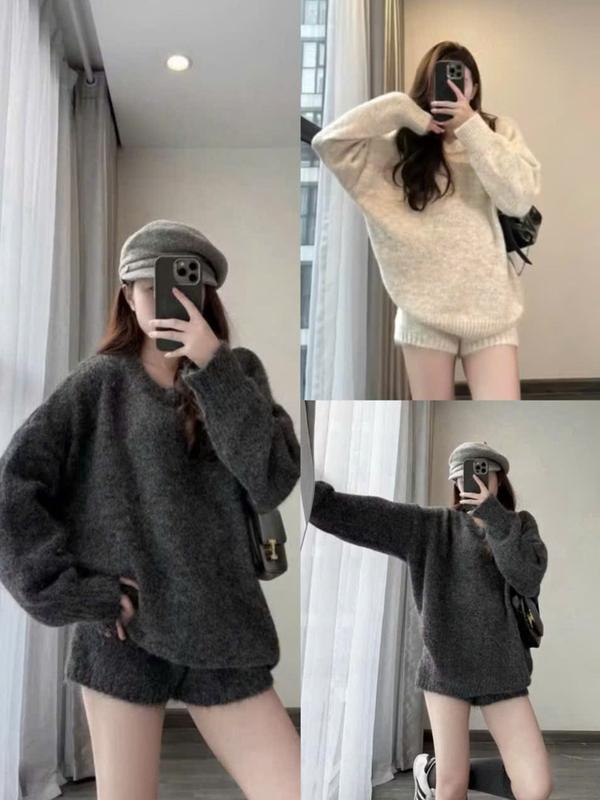 (Hàng QCCC - ORDER 7-10 Ngày ) Set Bộ Nữ Áo Len Lông Cổ Tròn dài tay mix quần sooc chất len lông mềm mại by HH-MS388