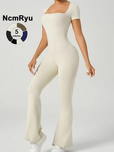 Mono de pierna acampanada con cuello cuadrado y manga corta para mujer, conjuntos de verano 2024, mono deportivo informal y cómodo de cintura alta para entrenamiento de gimnasio y para correr, ropa deportiva de mujer para todas las temporadas