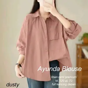 Ayunda Blouse Linen Rami Premium ld. 120 Atasan Wanita Linen Full Kancing Depan Casual Dewasa burgundy Kemeja Lengan Panjang Longgar asaya ruffle Terbaru Elegan viral