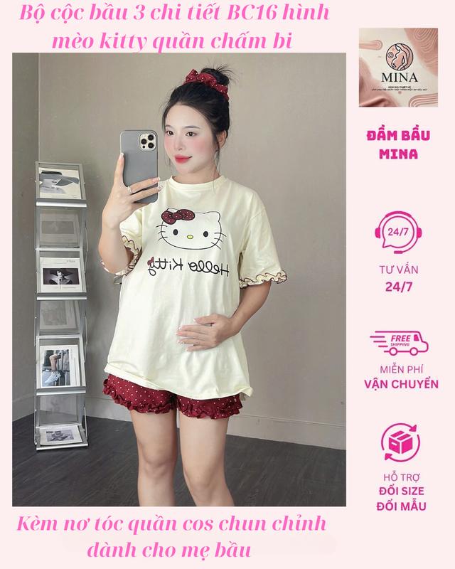   Mina clothing  Bộ cộc bầu  3 chi tiết  BC16 hình mèo kitty quần chấm bi kèm nơ tóc quần cos chun chỉnh dành cho mẹ bầu 