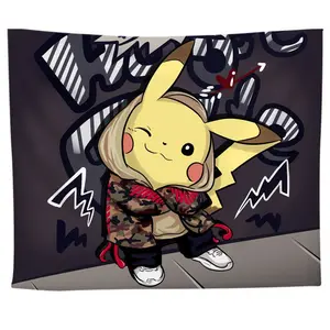 Latar belakang permadani dekoratif Pikachu, dekorasi asrama, kain samping tempat tidur, penutup dinding, kain gantung dekorasi foto