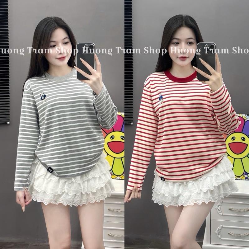 (Deal mở bán)ÁO DÀI TAY KẺ SỌC GẤU M(35-60kg)- Áo Thun nữ tay dài thu đông , chất liệu cotton borip co giãn 4 chiều mềm mát , Form dáng rộng vừa , Back to school , Hương Trầm Shop