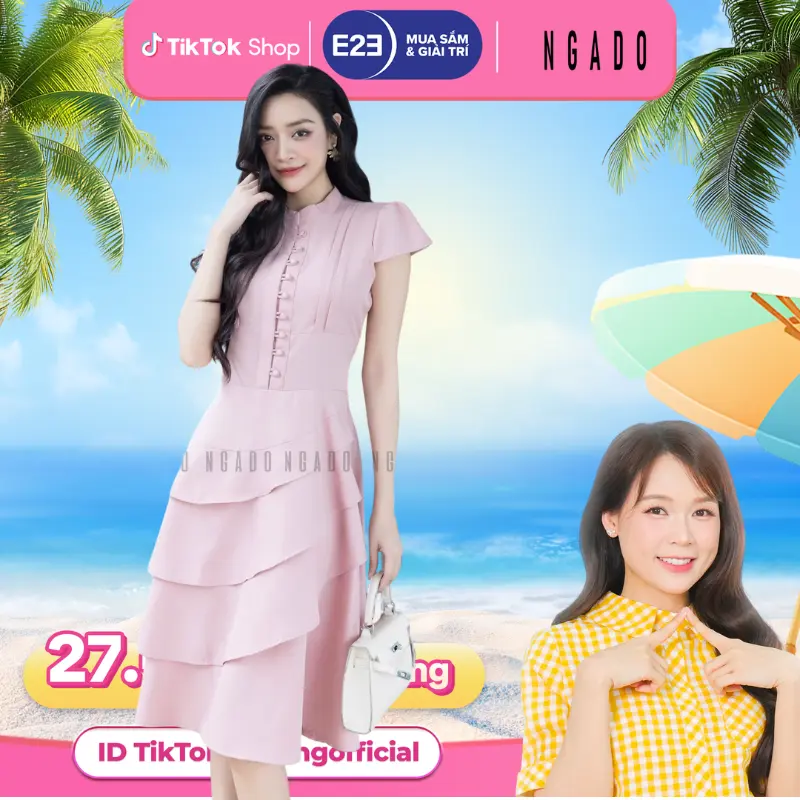 Đầm hồng ngắn tay NGADO, Đầm thiết kế, váy thiết kế
