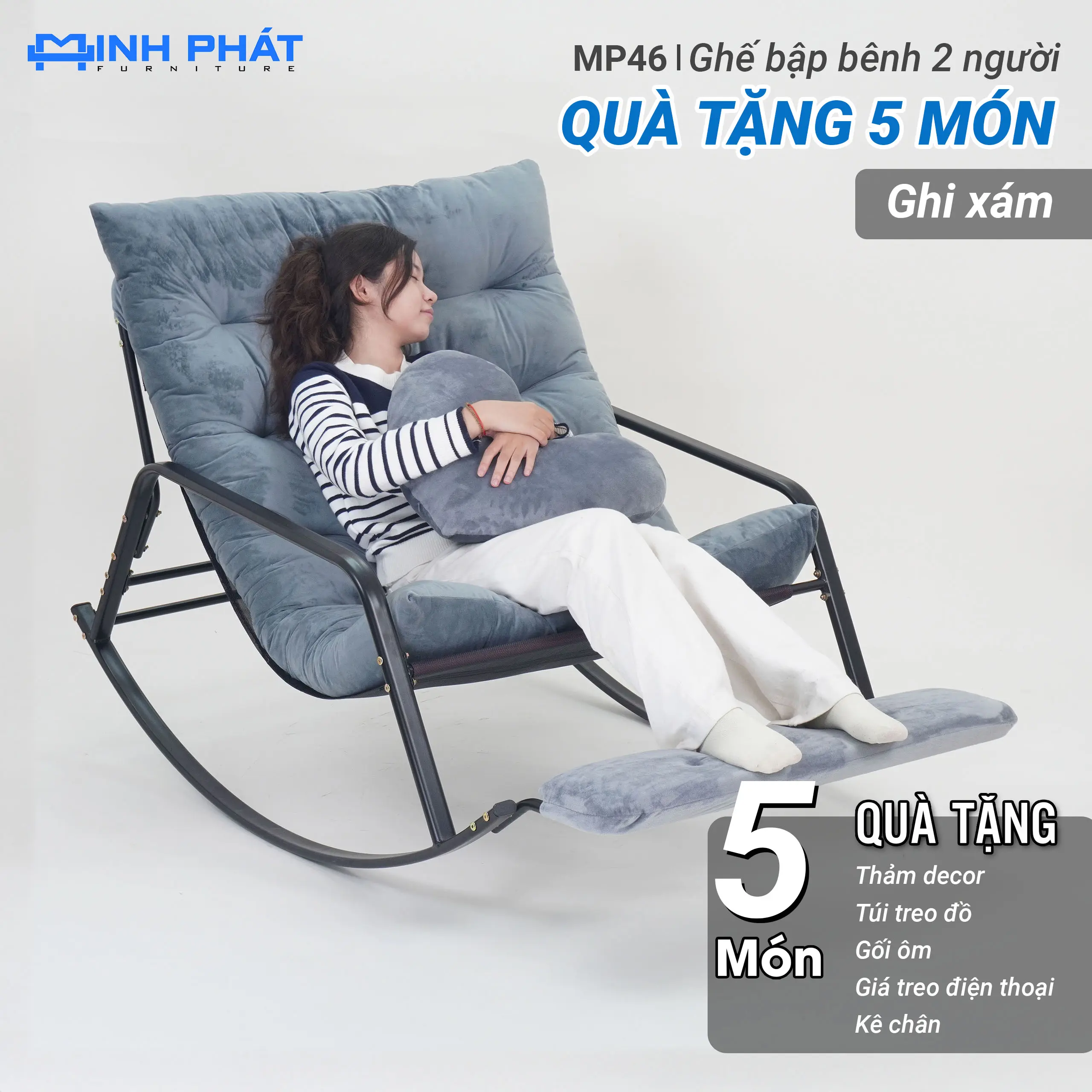Ghế thư giãn bập bênh 2 người Minh Phát khung thép 2.0 mm đệm nặng 4kg, ghế bập bênh cho mẹ bỉm, ghế ban công, ghế ru con ngủ, ghế ban công, ghế sofa, ghế tựa cho mẹ bỉm, ghế ru con ngủ ghế  bập