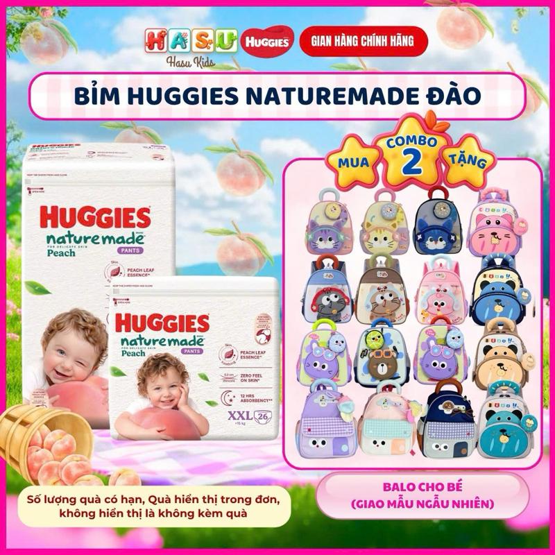 Combo 2G Tã/ Bỉm Huggies Naturemade Peach Đào, làm dịu da an toàn, khô thoáng, thấm hút tốt, đủ size M58/L44/XL38/XXL26