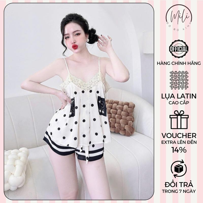 Đồ Bộ Nữ Mặc Nhà Đồ Ngủ Lụa Latin Cao Cấp MiLi – Áo 2 Dây Phối Ren Xếp Ly Quần Đùi Thắt Nơ Có Túi