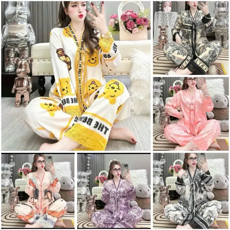 ] Đồ ngủ, đồ bộ pijama tay dài lụa la tin cổ y thất  dây Gấu Dâu và nhiều mẫu khác phom dưới 62kg