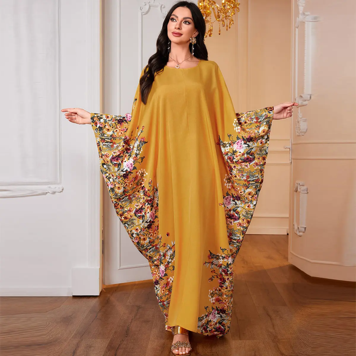 Women's Floral Print Batwing Sleeve Kaftan Dress, Modest Fashion Long Sleeve Dress for Daily Outdoor Wear, Women's Islamic Clothing for All Seasons