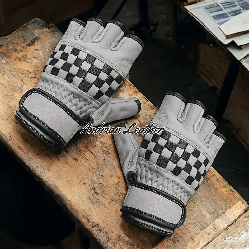 Sarung Tangan Motor Checkerboard Kulit Asli Retro klasik Pendek Setengah Jari Corak Catur warna untuk pria wanita 3