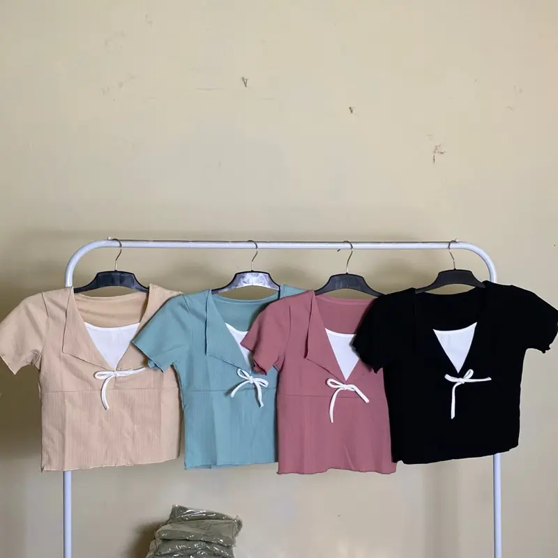Joanna top pita kerut corset top Slim-fitting Katun Nyaman Polos Casual Kaos Atasan Panjang Formal Putih Santai Wanita Simple Crop