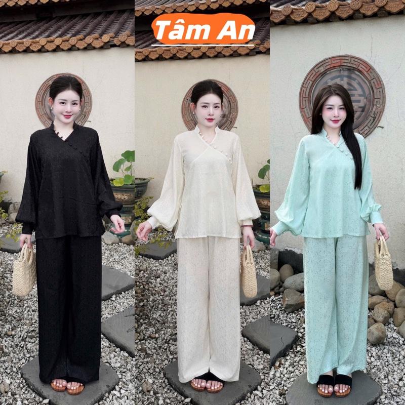  Tâm An pháp phục PP01 Bộ lam đi chùa tay bồng cúc bọc chéo hoạ tiết hoa cúc chất liệu lụa gấm 2 da cao cấp không nhăn không bai màu dolamdichua dolam 