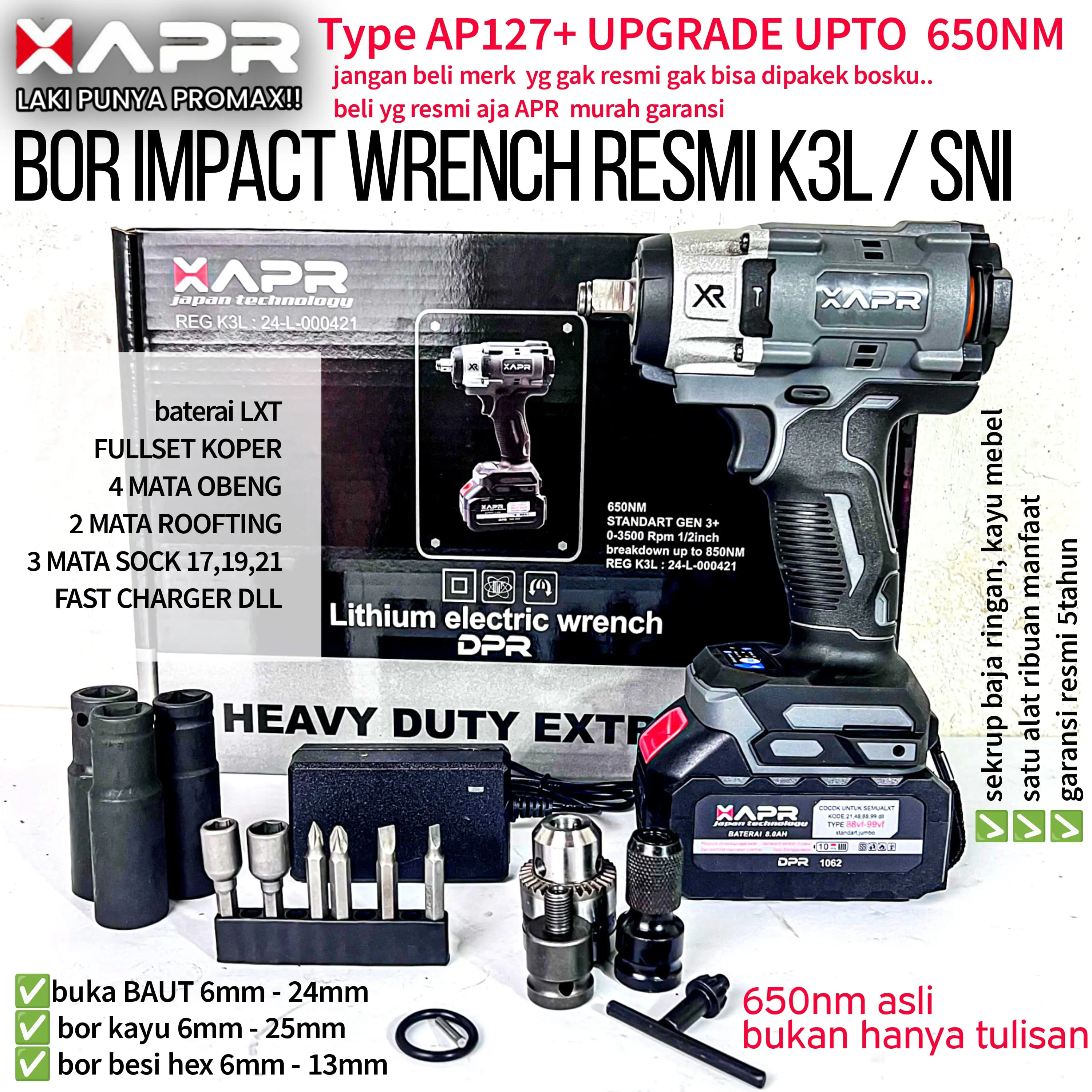 APR RAJA BOR IMPACT WRENCH AP127+ 650NM BODY KECIL TENAGA BESAR PEMBUKA BAUT RODA CVT MOTOR MOBIL