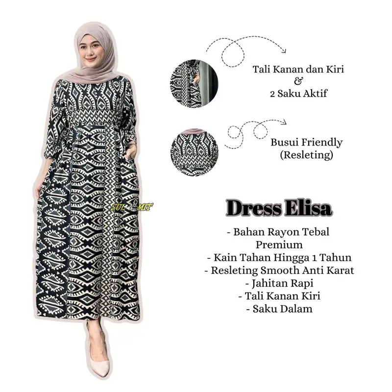 Baju Muslim Wanita Model Chibi Jumbo Busui Friendly dengan Tali Pinggang - Motif Kekinian - Casual Dress Nyaman Panjang Tebal Rayon Gamis Etnik Belah Samping 0