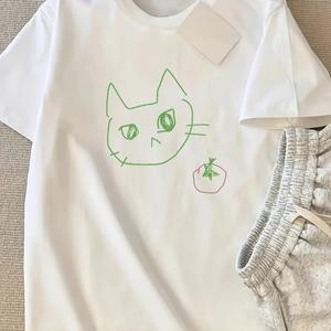 女性用半袖Tシャツ、ライン猫プリントラウンドネック、ゆったり、純綿カジュアルトップス、ラウンドネック、ショルダーベルト、ゆったりシルエット、通気性、肩落ちデザインプリントTシャツ夏のゆったりタイプ