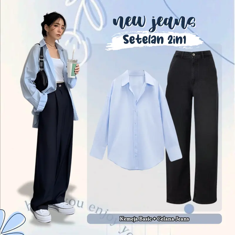 One Set Outfit Remaja - Atasan Kemeja Wanita Kuliah Korean Style, Celana Jeans High Waist Tebal, Jilbab Pashmina Ceruti Anti Letoy LQ008 Baju Biru Basic Panjang 3