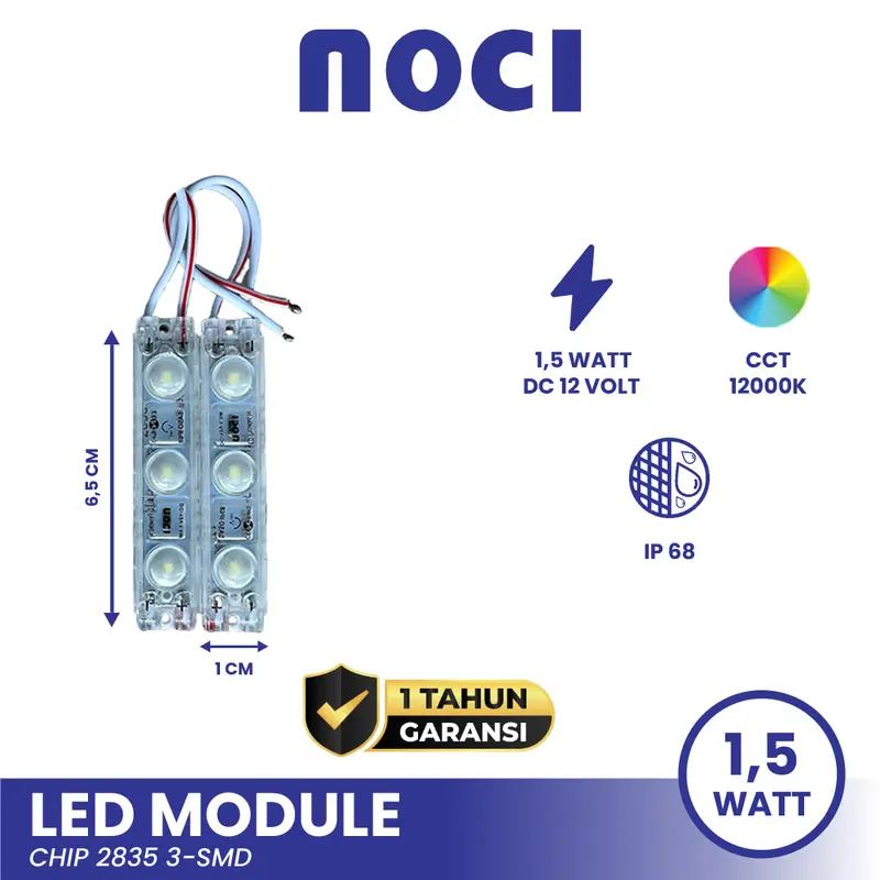 Noci Lampu LED Module 3 Mata 1,5 Watt Chip 2835 3-SMD DC12V | Tahan Air, Mudah Dipasang