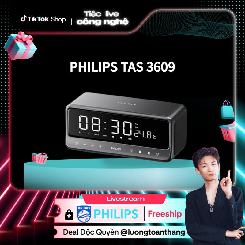 [PHILIPS X LƯƠNG TOÀN THẮNG] Philips TAS3609 Loa Bluetooth – 10W Stereo, Đồng Hồ Báo Thức, Cảm Ứng Thông Minh, Đèn Ngủ, Hiện Đại