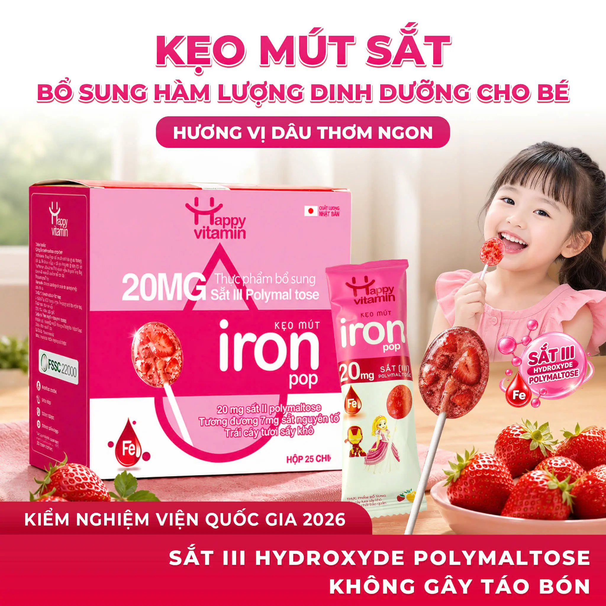 Kẹo Mút Bổ Sung Sắt Cho Bé Happy Vitamin - 20mg Sắt III Hydroxyde Polymaltose Vị Dâu Tây Thơm Ngon Không Gây Táo Bón
