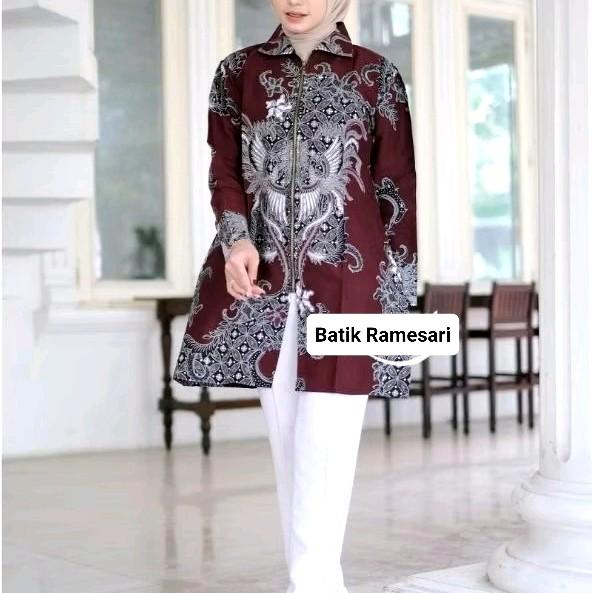 Tunik Batik Wanita Merah Burgundy Premium Terbaru - Bahan Katun Prima Premium HQ - Dewasa, Panjang, Casual, Cewek, Linen, Motif, Baju, Hitam 1
