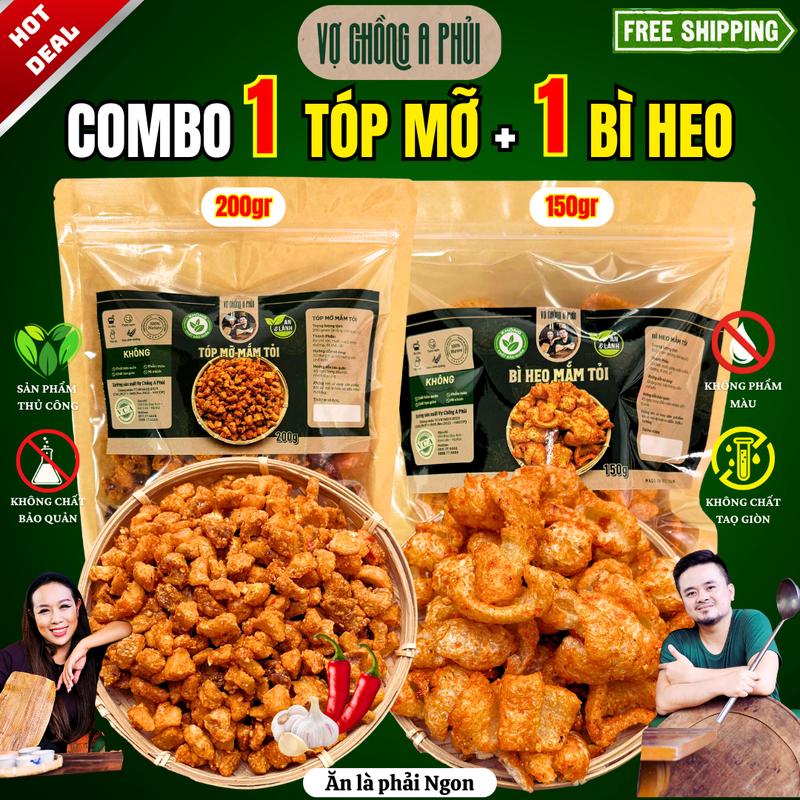Tặng Kẹp Gắp Mini Combo 2 Món Ăn Vặt – Bì Heo 150gr & Tóp Mỡ Mắm Tỏi 200gr Giòn Rụm Thơm Lừng - Vợ Chồng A Phủi - Không Phẩm Màu Không Chất Bảo Quản khô da anvat mo