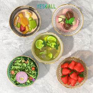 YESALL Mangkok Diamond Kecil 13cm Motif Ombak Transparan Aesthetic - Transparan Bowl List Gold Transparent Mangkuk Salad Sayur List Emas Mangkok Salad Buah Transparan Estetik Serbaguna - Mangkok Plastik Motif Bunga Bahan Plastic
