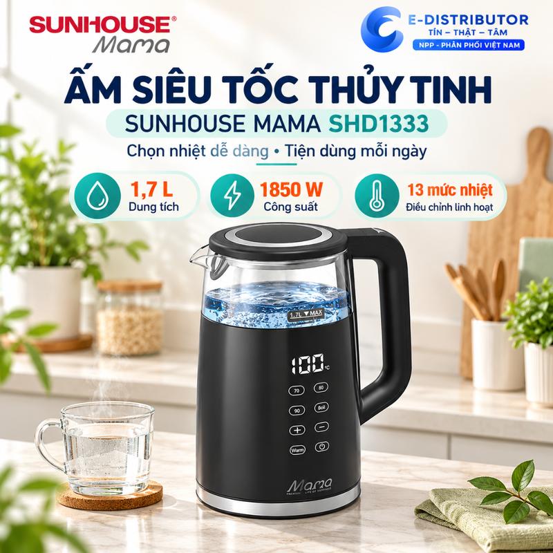 Ấm Siêu Tốc Thủy Tinh SUNHOUSE MAMA SHD1333 1.7L 1850W, 13 Mức Nhiệt, Giữ Ấm 2 Giờ